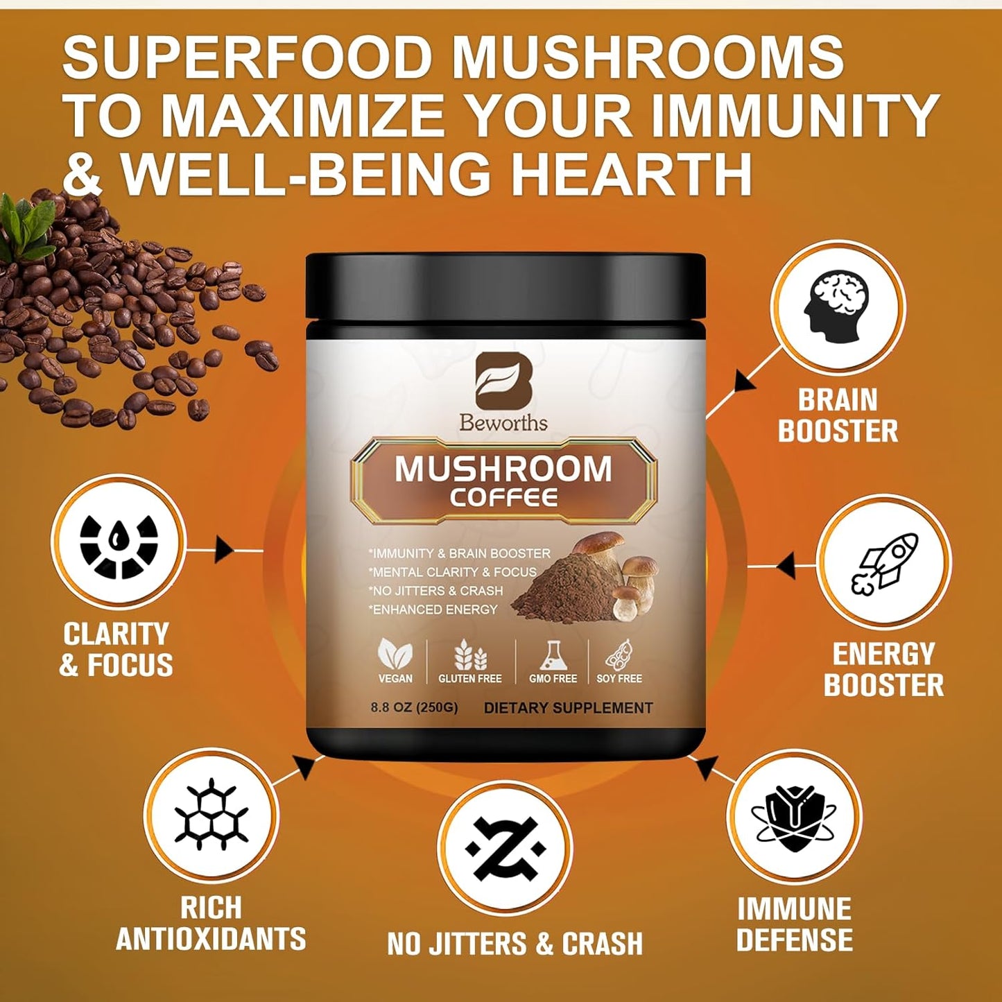 250G Mushroom Coffee - Lions Mane Mushroom Powder Instant Coffee with Lion'S Mane, Reishi, Chaga, Cordyceps, Turkey Tail, Arabica Coffee - Mushroom Coffee Blend Support Gut, Energy, Focus, Brain Heath