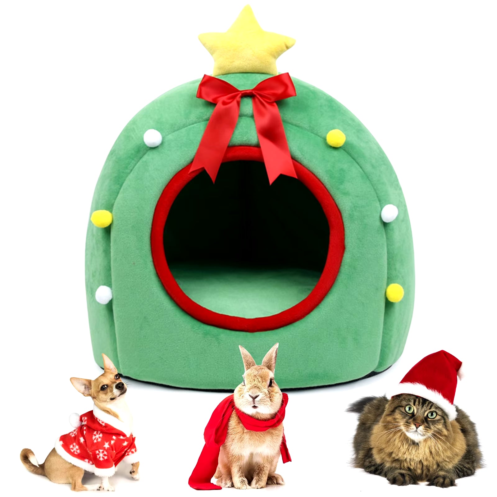 Christmas Dog Bed Foldable Dog/Cat Cave Bed | Xmas Gift for Pets | Soft Cave Red Dog Puppy Bed with Reversible Cushion