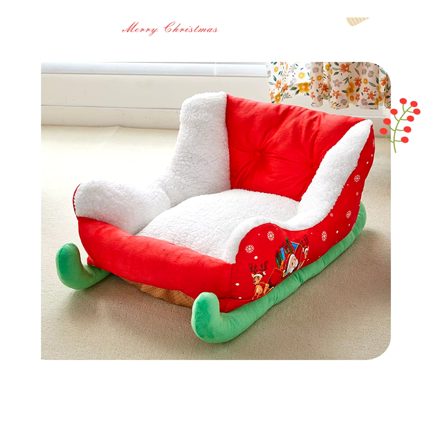 Red Christmas Cat Dog Bed, Pet Sleigh Bed, Sofa, Indoor and Outdoor Plush Synthetic Fur, Christmas Holiday Themed Pet Bed