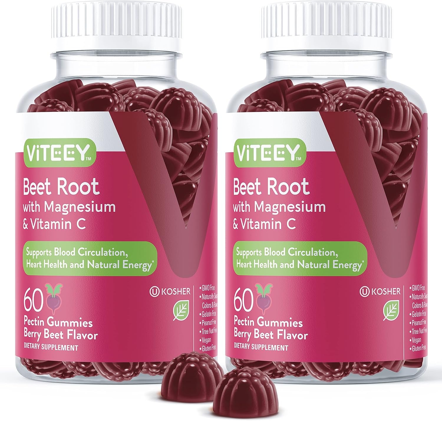 Beet Root Gummies with Magnesium & Vitamin C for Healthy Blood Pressure Support - Vegan, Gelatin Free, Gluten Free, GMO Free - Beetroot Chewable Berry Beet Flavored Gummy