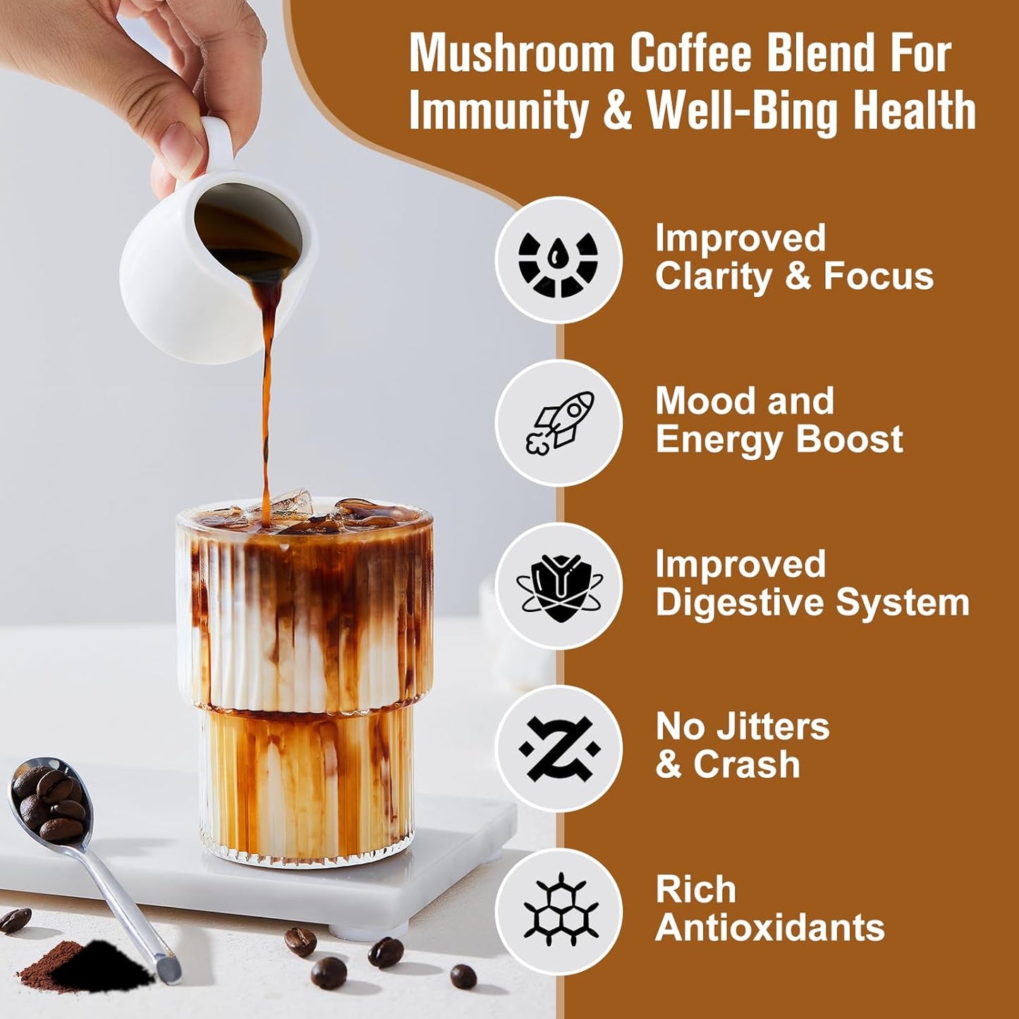 250G Mushroom Coffee - Lions Mane Mushroom Powder Instant Coffee with Lion'S Mane, Reishi, Chaga, Cordyceps, Turkey Tail, Arabica Coffee - Mushroom Coffee Blend Support Gut, Energy, Focus, Brain Heath