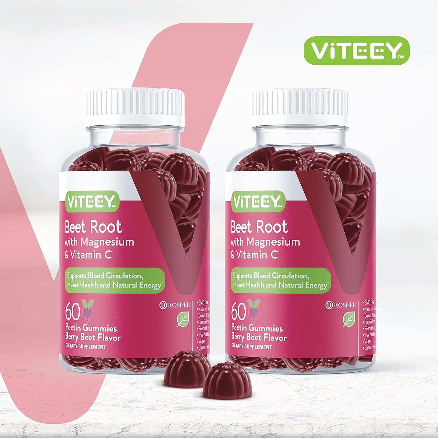 Beet Root Gummies with Magnesium & Vitamin C for Healthy Blood Pressure Support - Vegan, Gelatin Free, Gluten Free, GMO Free - Beetroot Chewable Berry Beet Flavored Gummy