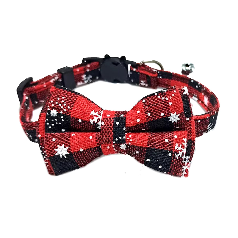 Pet Breakaway Cat Collar Bow Tie and Bell Cute Plaid Christmas Red Elastic Adjustable Dog Collar with Sash Small Bell for Cats