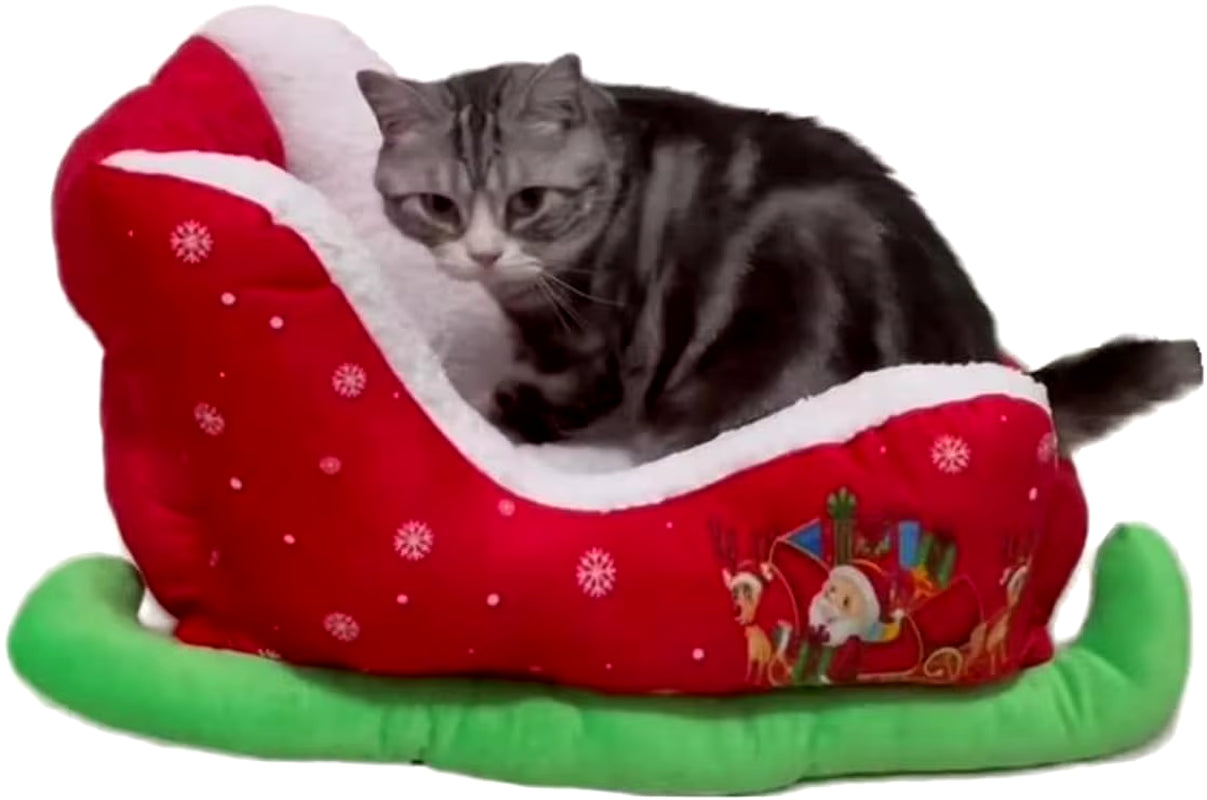 Red Christmas Cat Dog Bed, Pet Sleigh Bed, Sofa, Indoor and Outdoor Plush Synthetic Fur, Christmas Holiday Themed Pet Bed