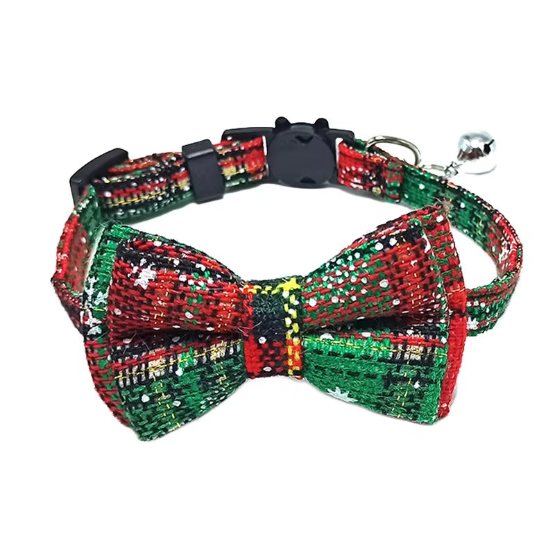 Pet Breakaway Cat Collar Bow Tie and Bell Cute Plaid Christmas Red Elastic Adjustable Dog Collar with Sash Small Bell for Cats