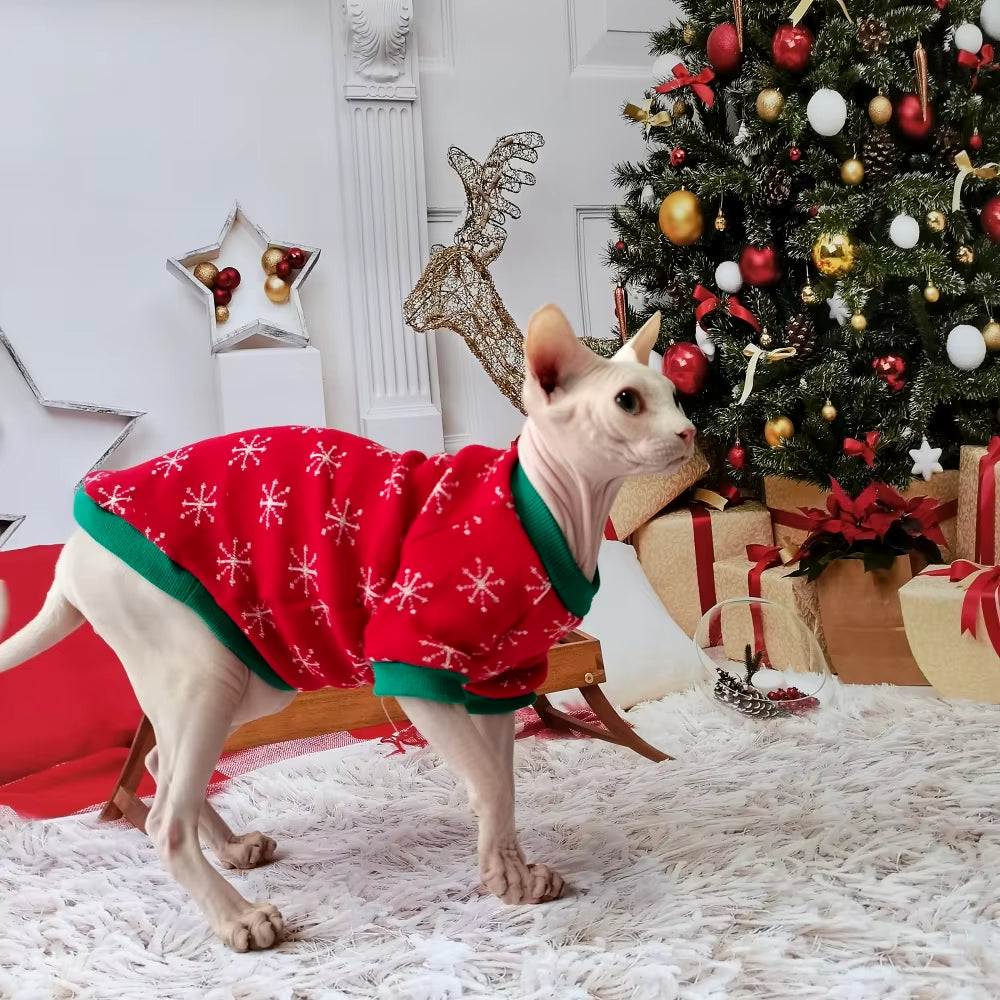 New Christmas Snow Suit Clothes for Sphynx Cat Warm Sweater for Hairless Cat Winter Coat Fleece Jacket for Devon Rex Pet Product