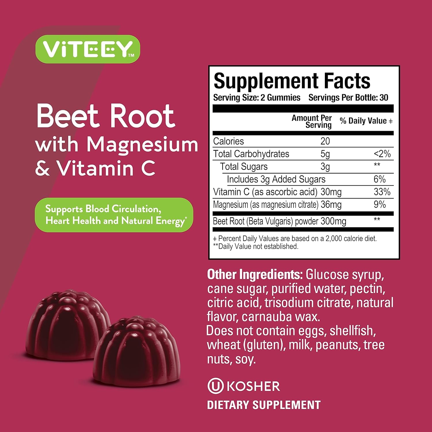 Beet Root Gummies with Magnesium & Vitamin C for Healthy Blood Pressure Support - Vegan, Gelatin Free, Gluten Free, GMO Free - Beetroot Chewable Berry Beet Flavored Gummy