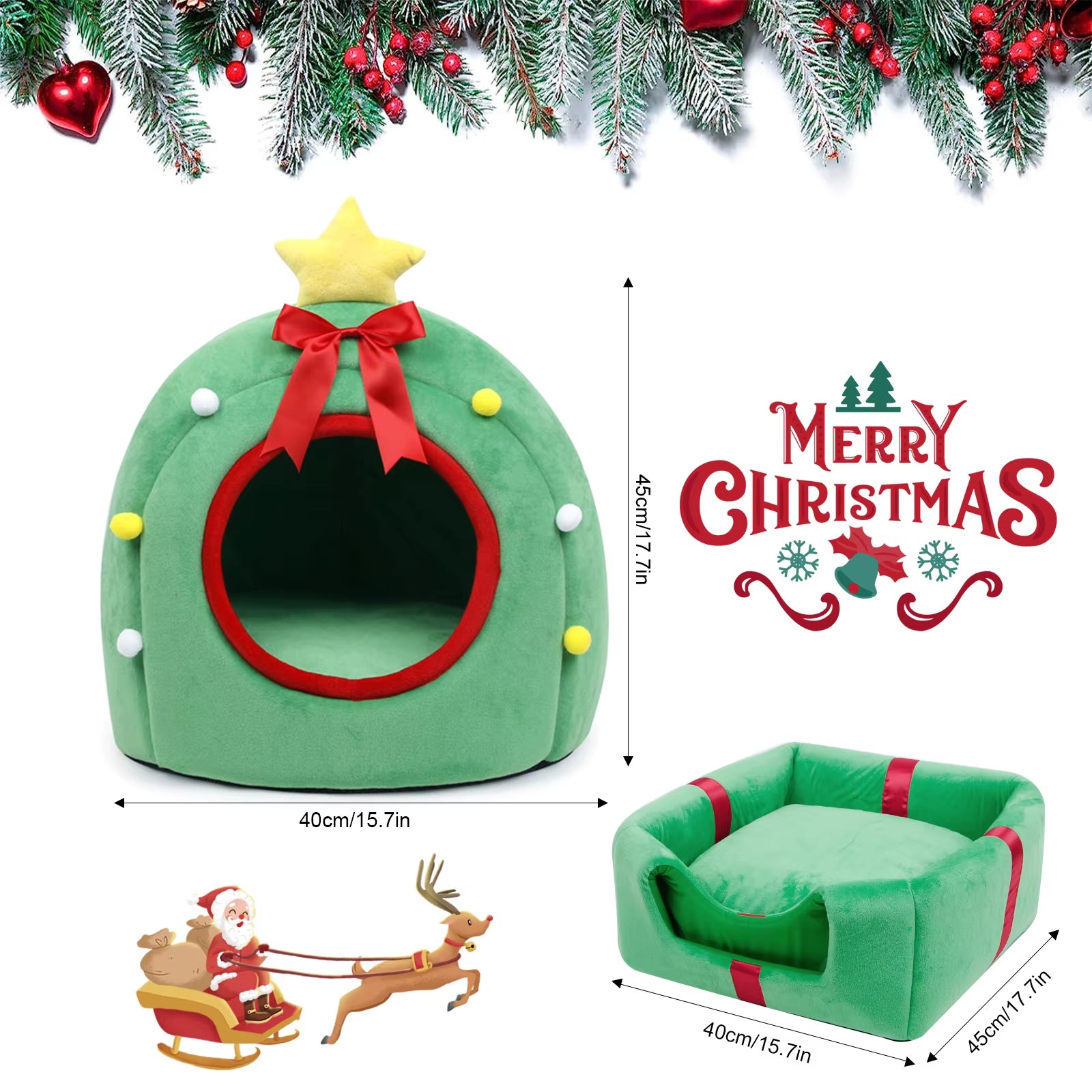 Christmas Dog Bed Foldable Dog/Cat Cave Bed | Xmas Gift for Pets | Soft Cave Red Dog Puppy Bed with Reversible Cushion