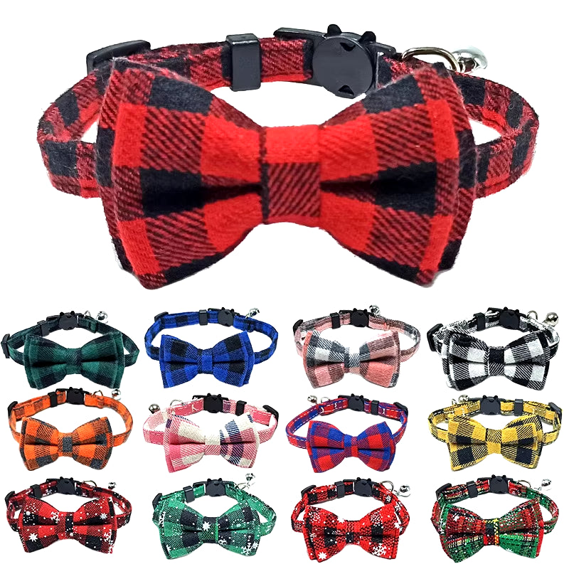 Pet Breakaway Cat Collar Bow Tie and Bell Cute Plaid Christmas Red Elastic Adjustable Dog Collar with Sash Small Bell for Cats