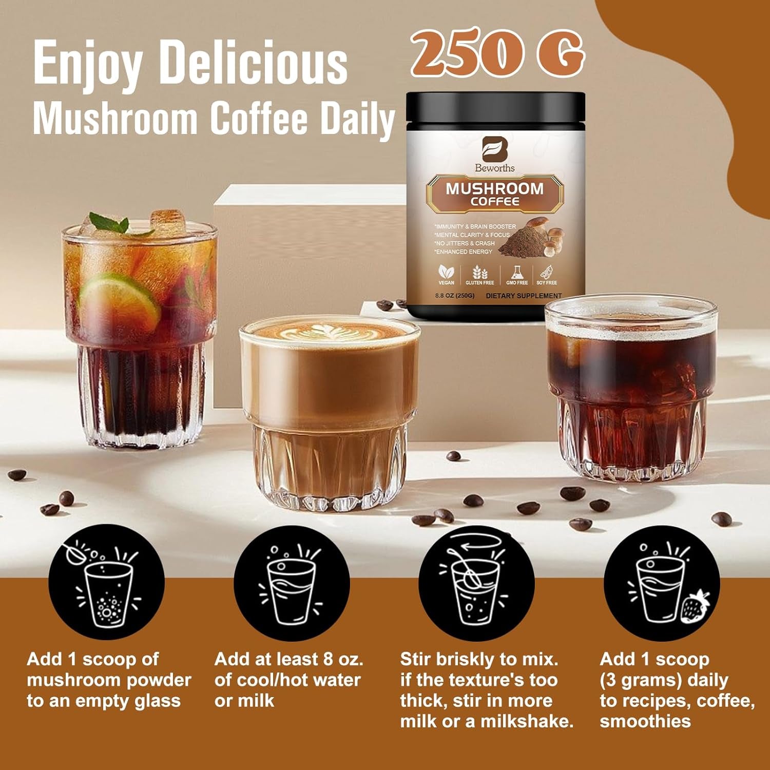 250G Mushroom Coffee - Lions Mane Mushroom Powder Instant Coffee with Lion'S Mane, Reishi, Chaga, Cordyceps, Turkey Tail, Arabica Coffee - Mushroom Coffee Blend Support Gut, Energy, Focus, Brain Heath