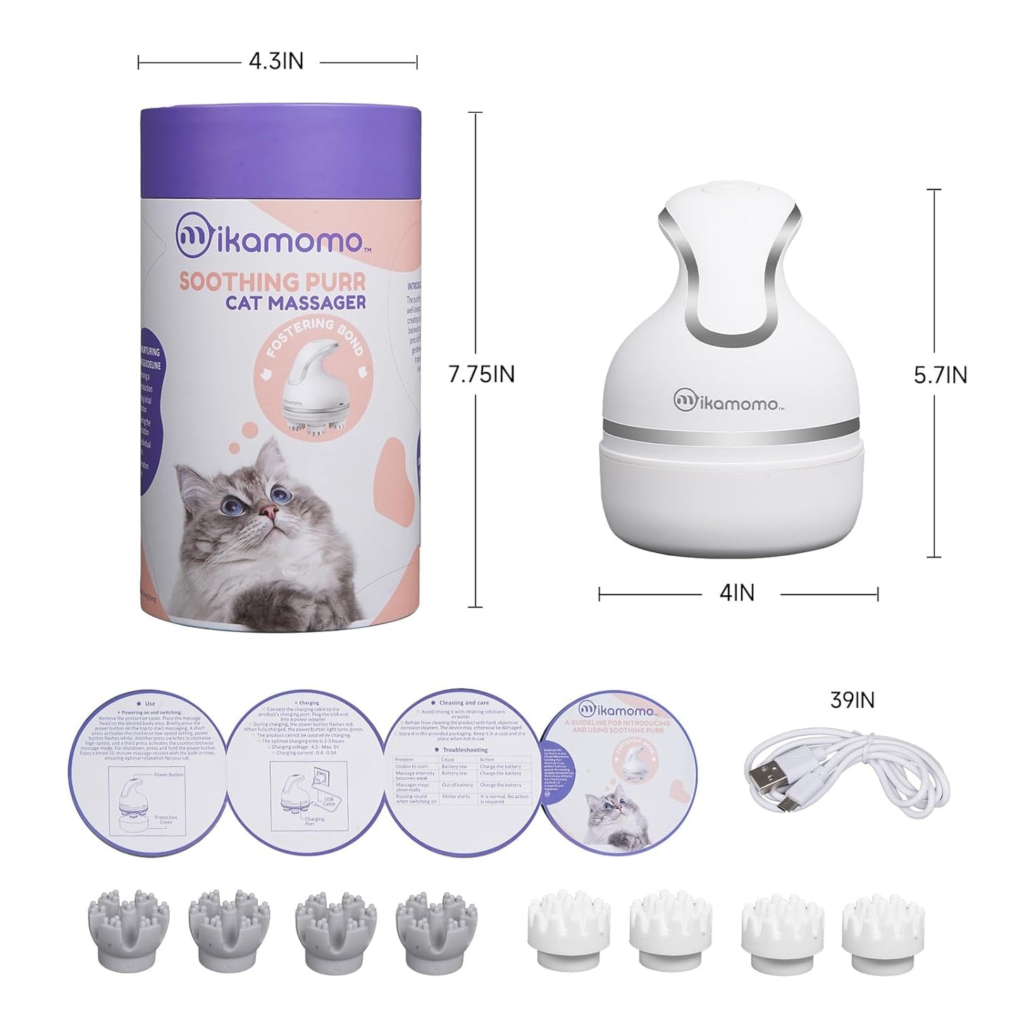 Cat Head Massager Battery Operated - 2 Different Sets of Massage Heads, 3 Modes, Relieve Tight Stiffness Muscles, Promote Bonding, Comfortable Grip, White Matte Finish, Ideal Gift