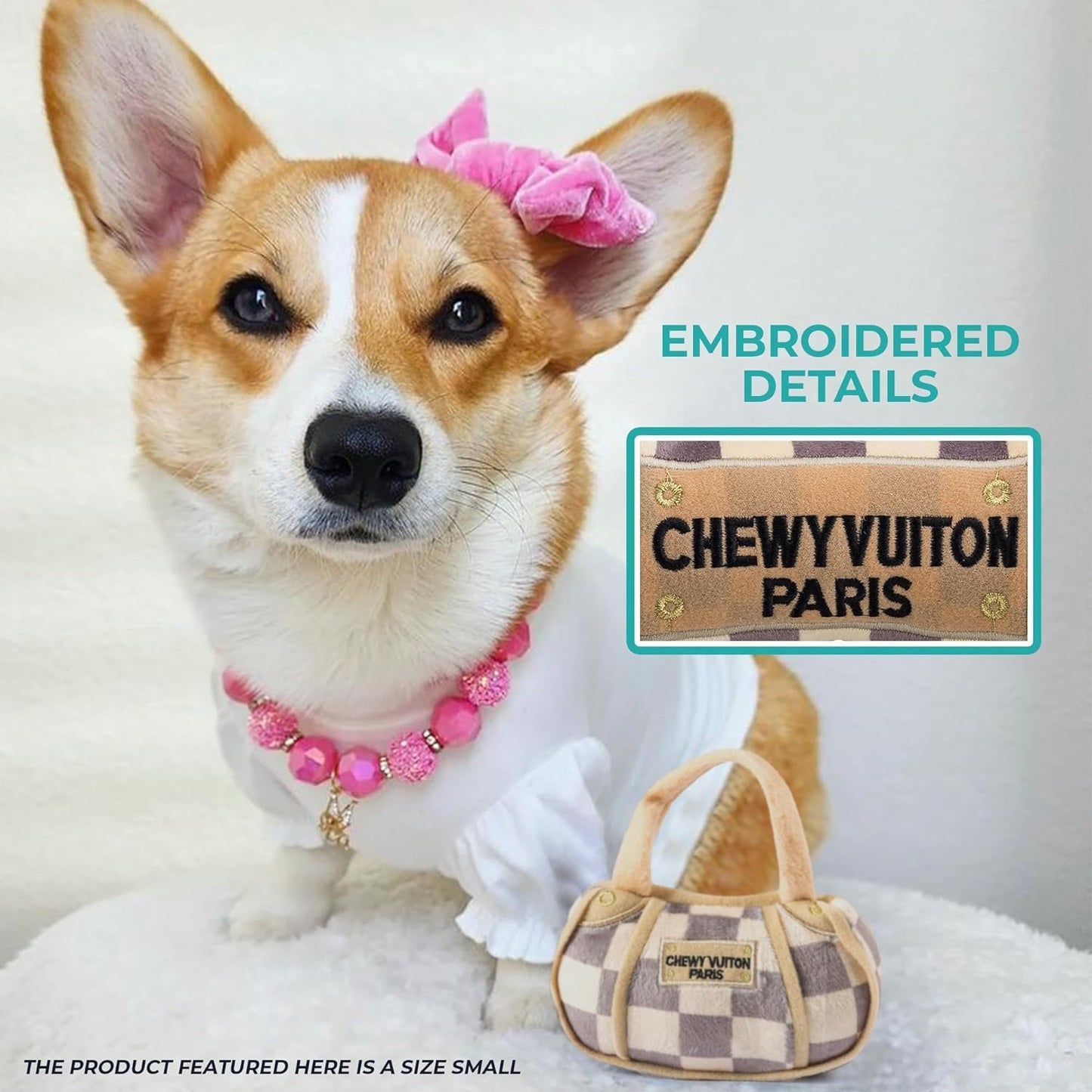 Checker Chewy Vuiton Handbag, Plush Designer Dog Toys with Interactive Squeaker, Stimulating Pet Enrichment, Machine-Washable & Safe Materials for All Breeds, Size Small