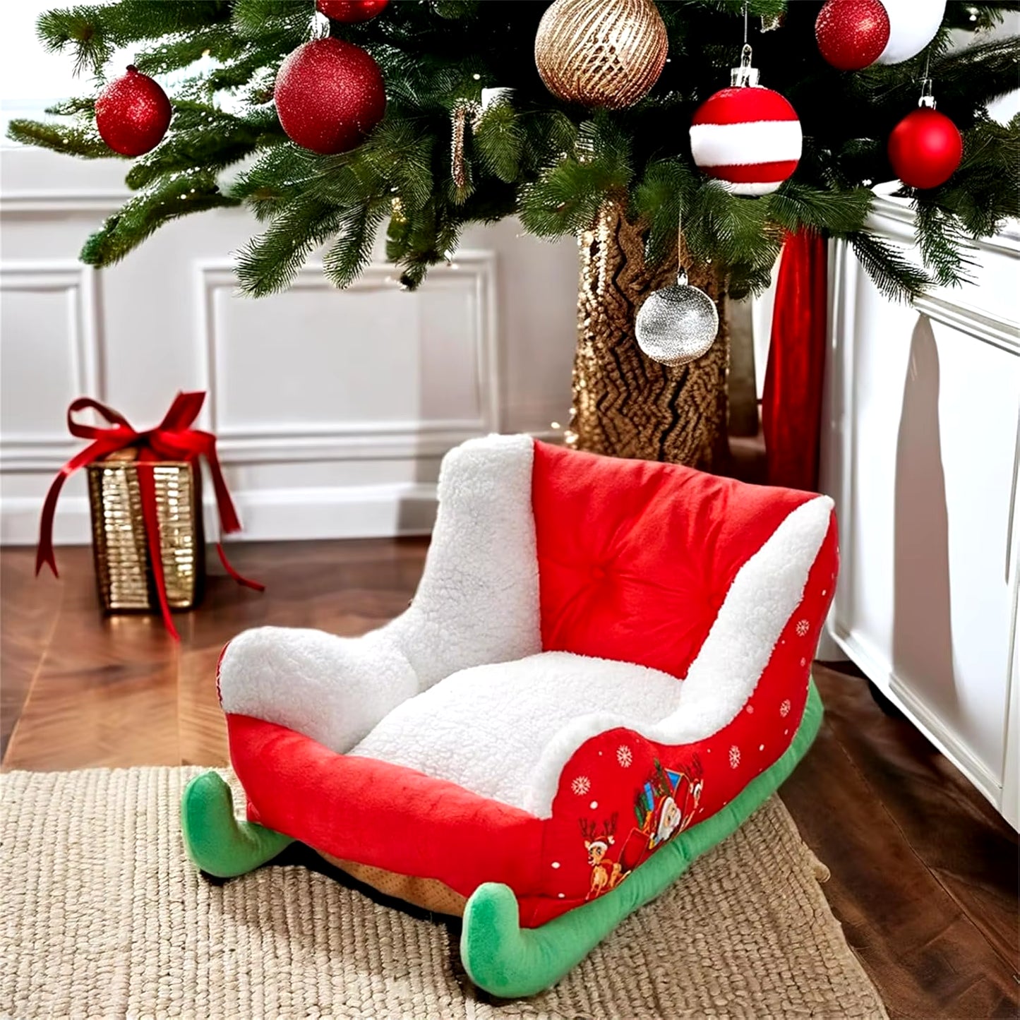 Red Christmas Cat Dog Bed, Pet Sleigh Bed, Sofa, Indoor and Outdoor Plush Synthetic Fur, Christmas Holiday Themed Pet Bed