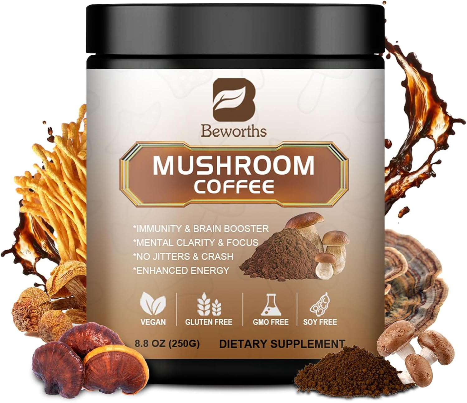 250G Mushroom Coffee - Lions Mane Mushroom Powder Instant Coffee with Lion'S Mane, Reishi, Chaga, Cordyceps, Turkey Tail, Arabica Coffee - Mushroom Coffee Blend Support Gut, Energy, Focus, Brain Heath