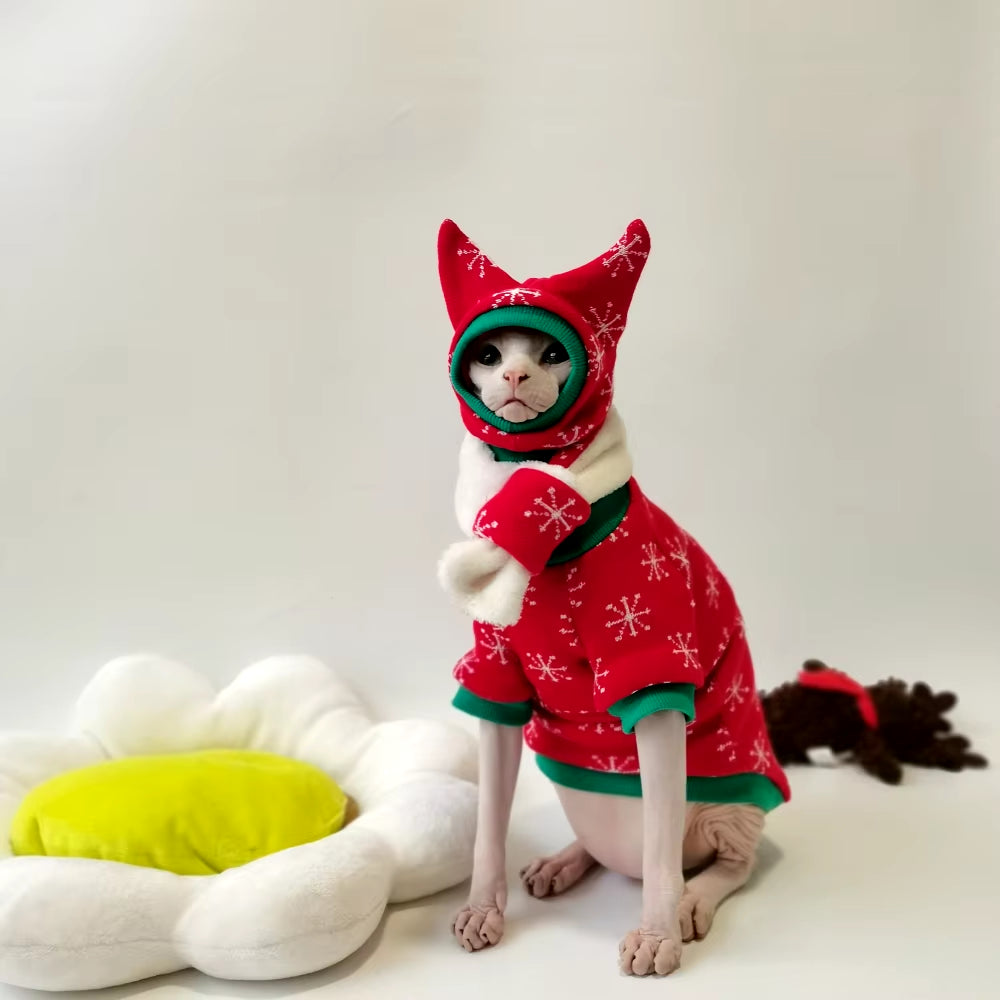 New Christmas Snow Suit Clothes for Sphynx Cat Warm Sweater for Hairless Cat Winter Coat Fleece Jacket for Devon Rex Pet Product