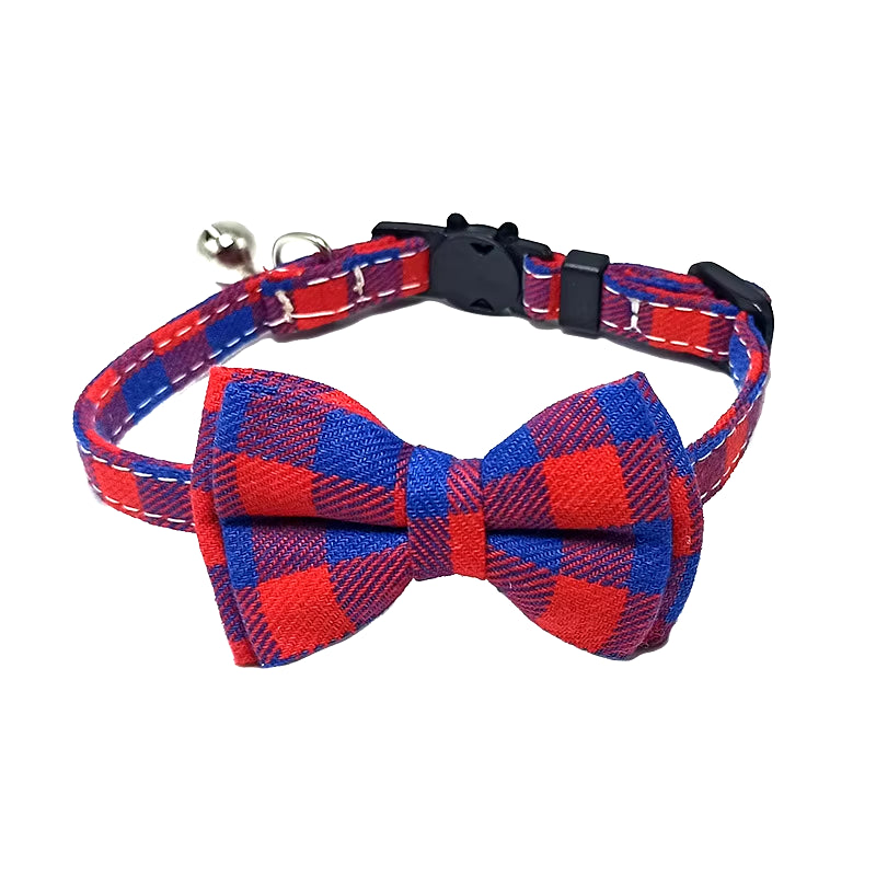 Pet Breakaway Cat Collar Bow Tie and Bell Cute Plaid Christmas Red Elastic Adjustable Dog Collar with Sash Small Bell for Cats