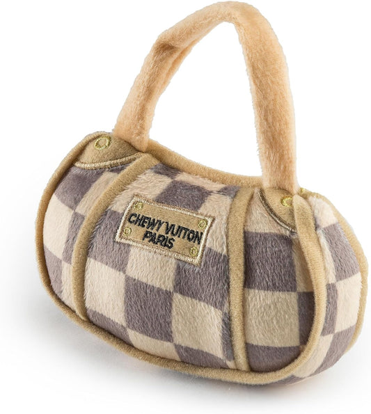 Checker Chewy Vuiton Handbag, Plush Designer Dog Toys with Interactive Squeaker, Stimulating Pet Enrichment, Machine-Washable & Safe Materials for All Breeds, Size Small