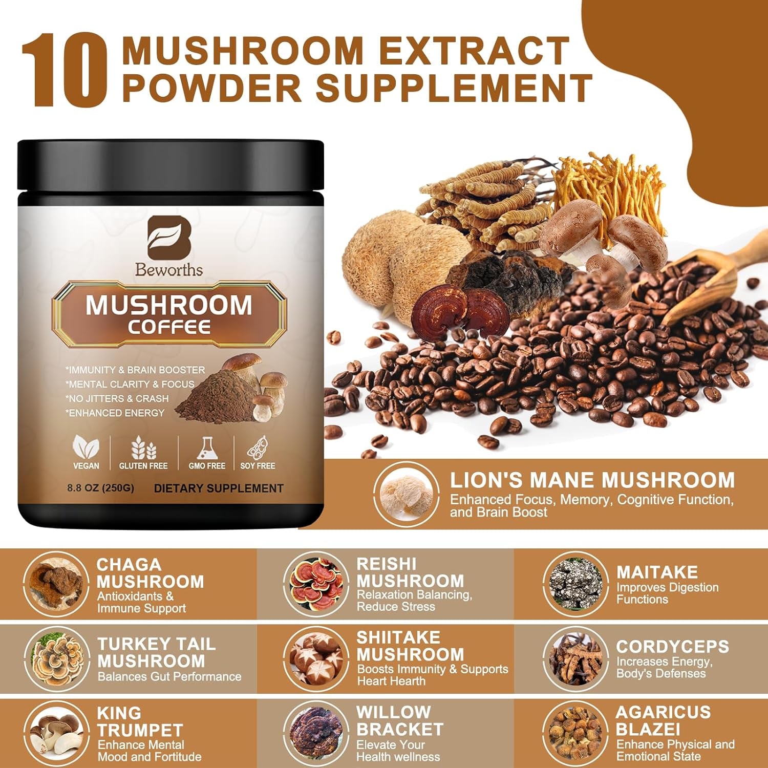 250G Mushroom Coffee - Lions Mane Mushroom Powder Instant Coffee with Lion'S Mane, Reishi, Chaga, Cordyceps, Turkey Tail, Arabica Coffee - Mushroom Coffee Blend Support Gut, Energy, Focus, Brain Heath