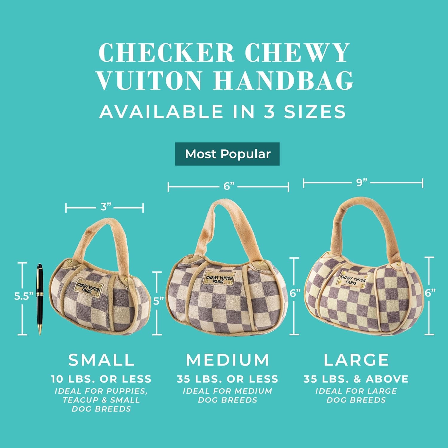 Checker Chewy Vuiton Handbag, Plush Designer Dog Toys with Interactive Squeaker, Stimulating Pet Enrichment, Machine-Washable & Safe Materials for All Breeds, Size Small