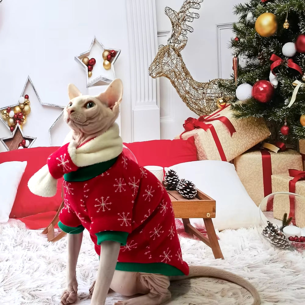 New Christmas Snow Suit Clothes for Sphynx Cat Warm Sweater for Hairless Cat Winter Coat Fleece Jacket for Devon Rex Pet Product