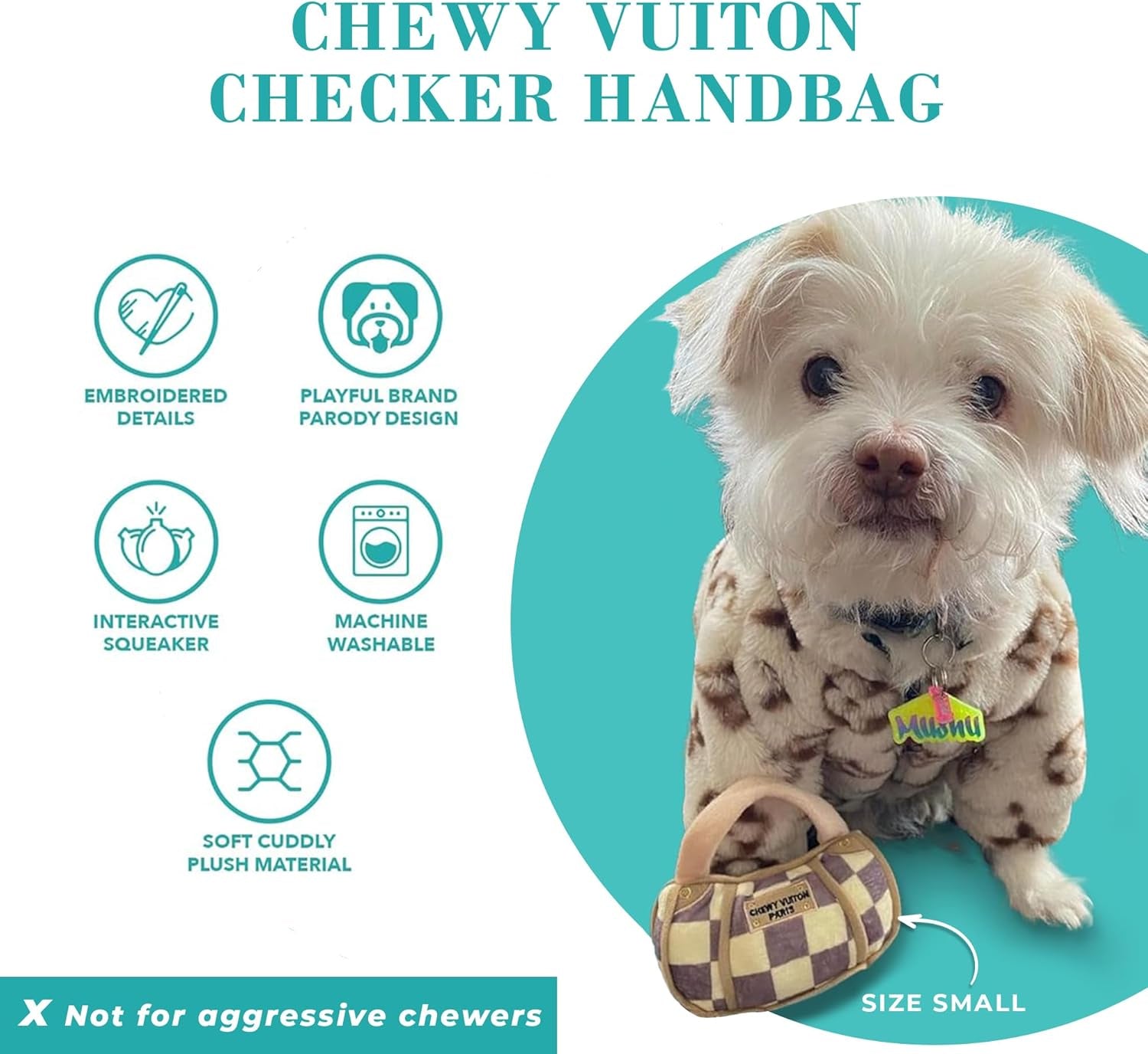 Checker Chewy Vuiton Handbag, Plush Designer Dog Toys with Interactive Squeaker, Stimulating Pet Enrichment, Machine-Washable & Safe Materials for All Breeds, Size Small