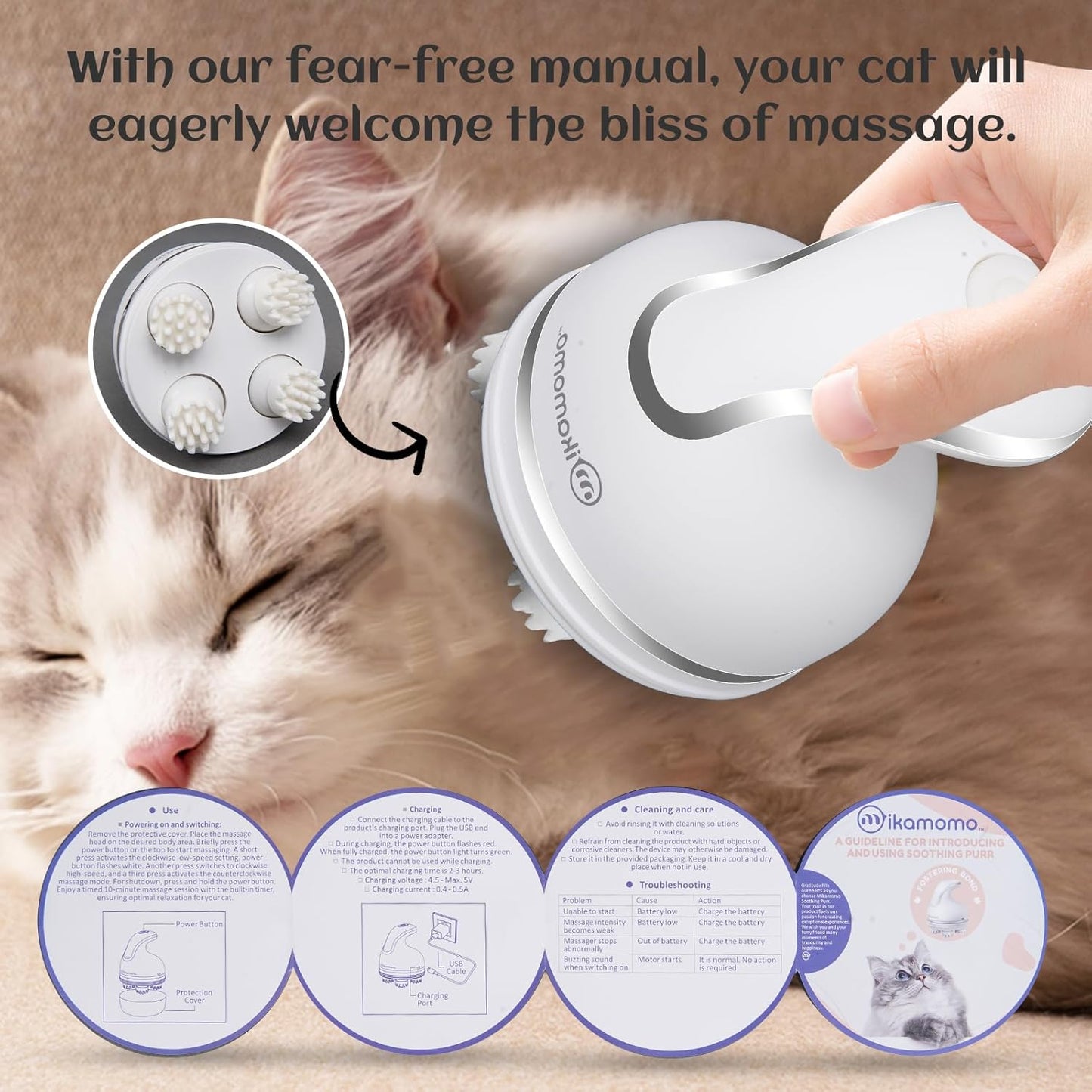 Cat Head Massager Battery Operated - 2 Different Sets of Massage Heads, 3 Modes, Relieve Tight Stiffness Muscles, Promote Bonding, Comfortable Grip, White Matte Finish, Ideal Gift